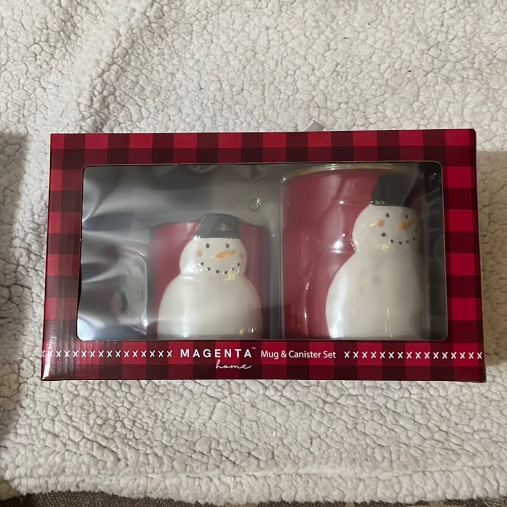 Magenta snowman canister and mug set
